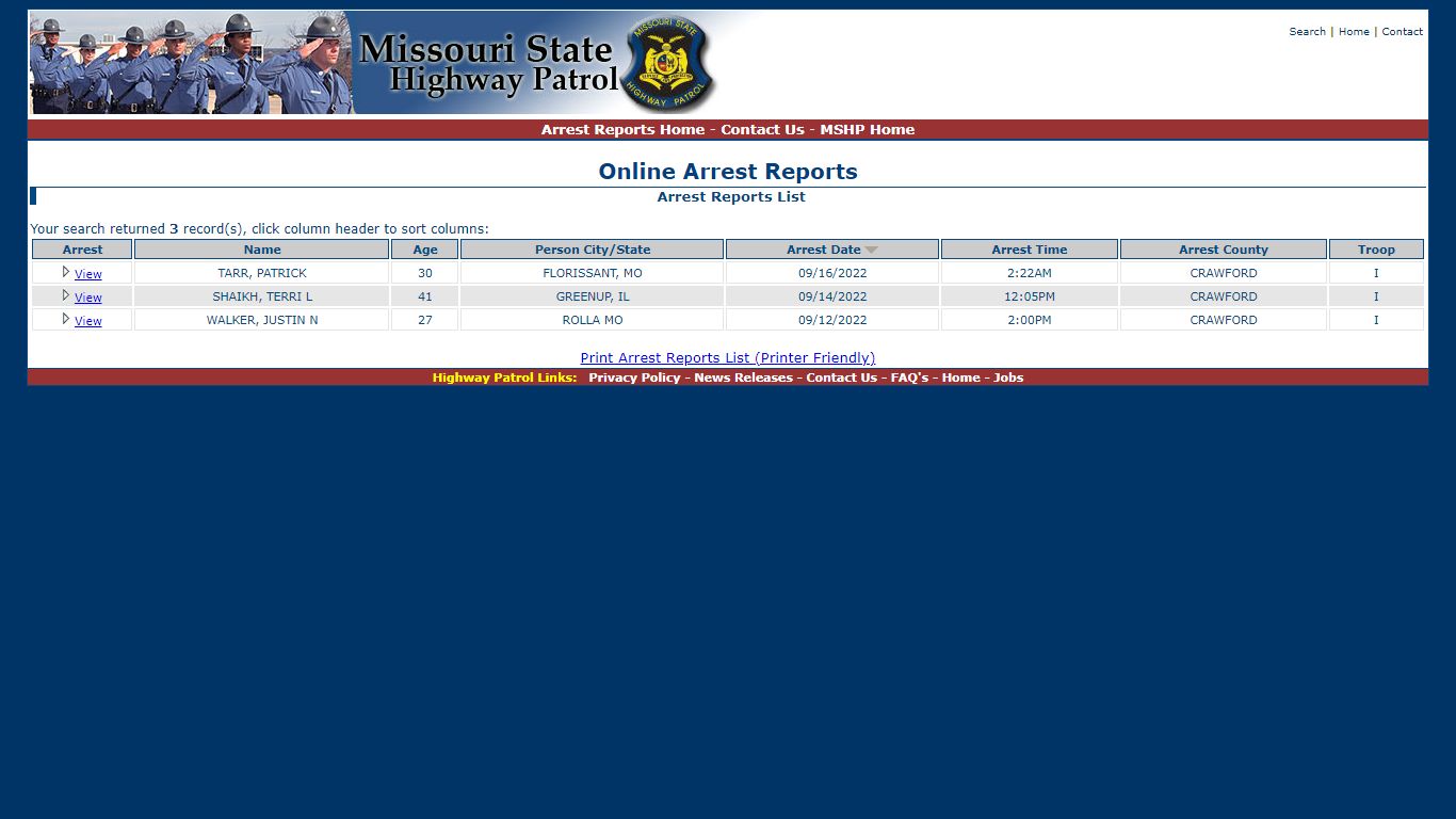 Missouri State Highway Patrol - Arrest Reports List